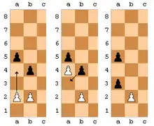 Illustration didactique de la prise en passant : les blancs avant un pion en position initiale de deux cases (a4), les noirs prennent en a3 (bxa3 e.p.).