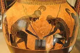 Achille et Ajax jouant, vase à figures noires d'Exékias, v.540–530 BC, Musées du Vatican.