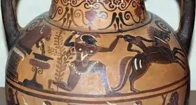 Achille tendant un guet-apens à Troïlos, coupe laconienne à figures noires, 550–540 av. J.-C.