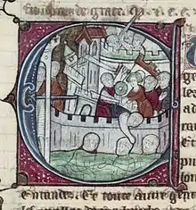Lettrine représentant des chevaliers combattant autour des murailles d'une ville.