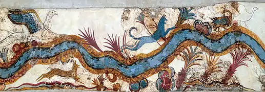 Frise du nord-est représentant un paysage fluvial avec un griffon (à gauche) et des animaux (dont un probable guépard)