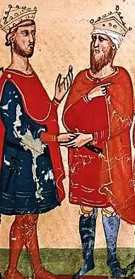 Enluminure médiévale montrant deux hommes en train de parler en se serrant la main.