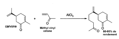 Équation-bilan de l'addition de la 3-butène-2-one sur le carvone