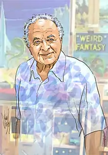 portrait au crayon en couleur d'Al Feldstein en chemise hawaïenne, sur fond de planche de comics, signé Michael Netzer à gauche