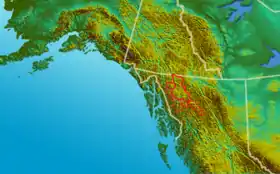 Carte de localisation du plateau Stikine et des zones de transition avec les chaînes environnantes (pointillés).