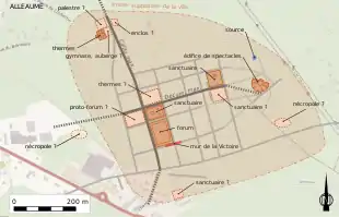 Plan en couleurs d'une agglomération antique reporté sur un fond moderne.