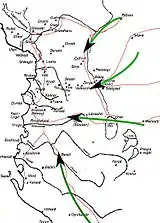 Carte illustrant les déplacements d'armées au cours d'une campagne.