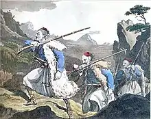 gravure colorisée : des hommes moustachus et armés dans un paysage de montagne
