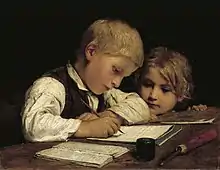 Garçon écrivant devant sa sœur, 1875.