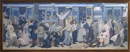 Peinture représentant un train de mobilisés à quai, avec des civils les saluant.