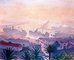 Peinture montrant en plans successifs dans des tons rose et violacés et de façon peu nette des palmiers, des maisons et une rade avec des navires