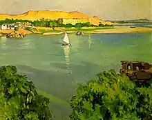Peinture représentant un fleuve avec arbres au premier plan, une petite voile blanche, et au fond quelques collines et bâtiments