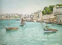 Peinture représentant une grande étendue d'eau avec quelques bateaux et derrière des maisons