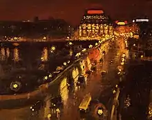 Peinture représentant dans le noir un pont éclairé avec des voitures, et au fond un grand bâtiment illuminé