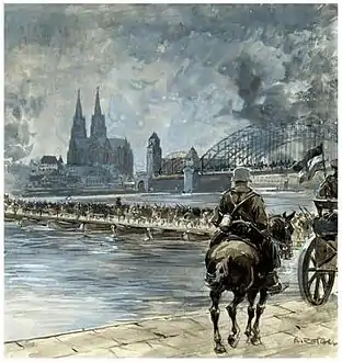 « Im Felde unbesiegt » (« Nous n'avons pas été vaincus sur le champ de bataille ») : image de l'évacuation de Strasbourg en 1918 appuyant la légende de l'armée allemande trahie, 1918.