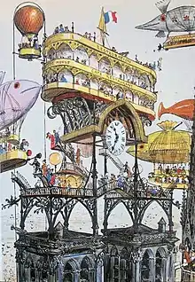 dessin en couleurs d'un bâtiment construit sur les tours d'une cathédrale au milieu duquel naviguent de nombreux aéronefs.