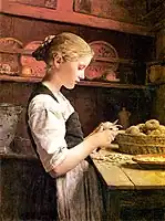 Jeune fille épluchant des pommes de terre.