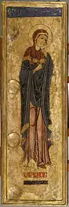 Le Deuil de la Vierge, fragment du côté gauche d'un grand crucifix peint, Walters Art Museum (entre 1180-1190).