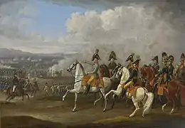 Des généraux et des officiers autrichiens à cheval, avec des soldats au second plan et une scène de bataille à l'arrière plan.