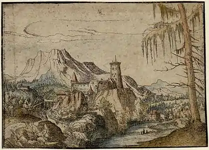 Paysage avec château fort, eau-forte coloriée, Albertina, Vienne, inv. DG1926-1780.