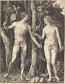 Adam et Ève. Albrecht Dürer,1504. Gravure sur cuivre, 25 × 19,2 cm. National Gallery of Art, Washington