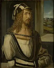 Peinture en couleurs. Un gentilhomme est assis de trois-quarts face, à mi-hauteur du corps, vêtu de couleurs claires et de riches habits, montrant des gants d'agneau teints en gris.