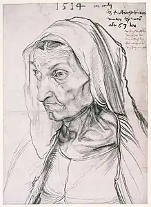 Portrait de sa mère âgée, Barbara (1514), fusain, un mois avant sa mort, pendant à la beauté qu'il glorifie habituellement dans son œuvre.