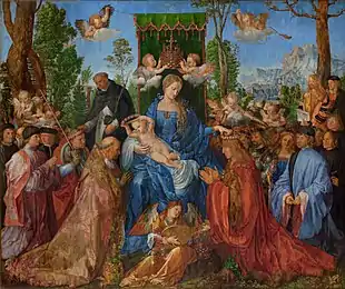 Tableau représentant de nombreux personnages dont une femme en bleu, au centre de l'image, tenant un enfant dans ses bras. Les autres personnages l'entourent voire sont à ses pieds. La scène est survolée par quatre anges.
