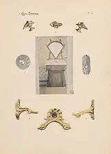 Sur papier clair, photo colorisée d'un meuble en bois surmonté d'un miroir en triangle arrondi, et autour des boutons de portes et autres accessoires dorés