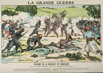 Dessin avec au centre un officier à cheval touché par une balle, entouré de fantassins allemands se défendant contre une attaque française.