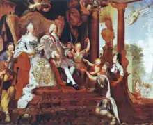 Une femme et un homme, assis sur un grand trône commun, sont entourés de nombreux personnages et reçoivent un présent d'une femme à genoux, porteuse d'une cape d'hermine et d'une couronne