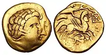 Un statère en or du même type que la majorité des monnaies découvertes aux Sablons.