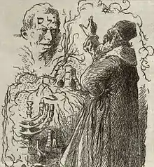dessin en noir et blanc représentant un alchimiste face à un golem