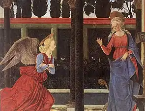 Détail de peinture. Marie a la main levée, face à l'ange qui garde les bras croisés.