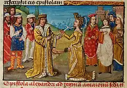 Alexandre rencontre la reine des Amazones, Histoire des Batailles d'Alexandre, XVe siècle.