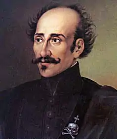 tableau portrait d'homme moustachu ; sur son habit noir une tête de mort