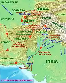 Carte de l'expédition d'Alexandre dans les Hautes satrapies