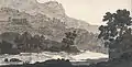 Fleuve, montagne et ruines. Encre noire, lavis gris, plume et encre brune, sur papier crème fin légèrement texturé. 1750-59. Centre d'art britannique de Yale