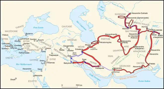 Carte de l'itinéraire d’Alexandre dans les satrapies orientales, puis le long de la vallée de l'Indus jusqu’à retour à Babylone