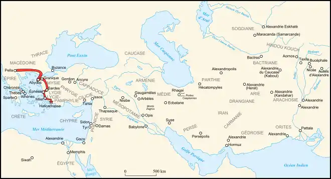 Carte de l'itinéraire d’Alexandre dans la partie occidentale de l'Asie Mineure en 334