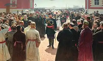 Tableau représentant un homme, le tsar, face et entouré par la foule, dans le soleil.