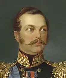 Portrait peint figurant la tête d'un homme moustachu en uniforme d'apparat