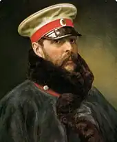 tableau : portrait d'homme barbu à casquette, emmitouflé dans un manteau de fourrure