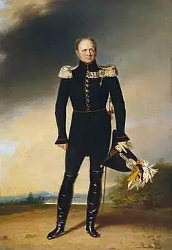 Peinture à l'huile représentant Alexandre Ier de Russie en grand uniforme d'apparat tenant son bicorne à la main