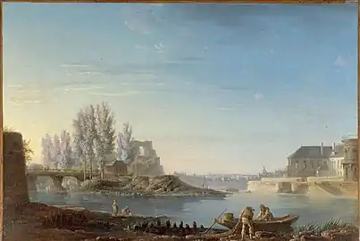 Alexandre Jean Noël, L'Île Louviers et la Pointe de l'île Saint-Louis (XVIIIe siècle) ; le pont de Grammont est visible dans la moitié gauche du tableau.