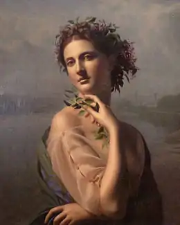 Portrait d'une femme aux cheveux fleuris.