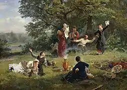 Peinture représentant des personnes qui jouent dans l’herbe. Au premier plan, un samovar fume.