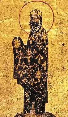 peinture sur fond doré d'un personnage en pied, barbu, couronné, habillé d'une robe noire et or