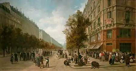 Avec Alfred Decaen, La queue à la porte d'une épicerie Félix Potin, à l'angle de la rue Réaumur et du boulevard de Sébastopol à Paris, en novembre 1870, Paris, musée Carnavalet.