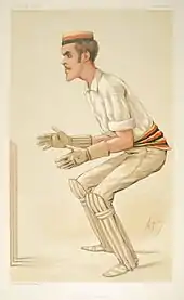 Caricature en couleur publiée dans Vanity Fair d'Alfred Lyttelton joueur d’Old Etonians FC en tenue de cricket.